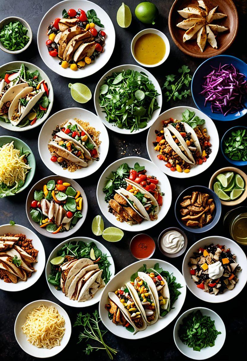 A vibrant kitchen scene showcasing a variety of quick and easy poultry dishes, such as grilled chicken salads, stir-fried turkey, and hearty chicken tacos, all beautifully plated with fresh herbs and vibrant vegetables. The background features a warm, inviting atmosphere with cooking utensils and spices scattered artistically around. The overall mood should be colorful and appetizing, highlighting simplicity and deliciousness in cooking. bright colors. super-realistic. warm lighting.