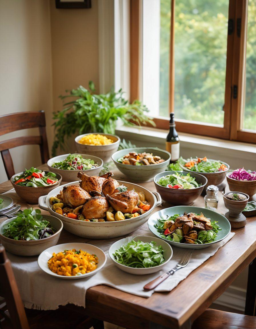 A beautifully arranged table featuring a variety of colorful chicken dishes, including grilled chicken with herbs, aromatic chicken curry in a rustic bowl, and a fresh salad with grilled chicken slices. Surround the setting with cooking utensils, fresh vegetables, and cozy kitchen decor to evoke a warm, inviting atmosphere. Soft, natural light filtering through a window enhances the homely vibe. painting. vibrant colors. warm tones.
